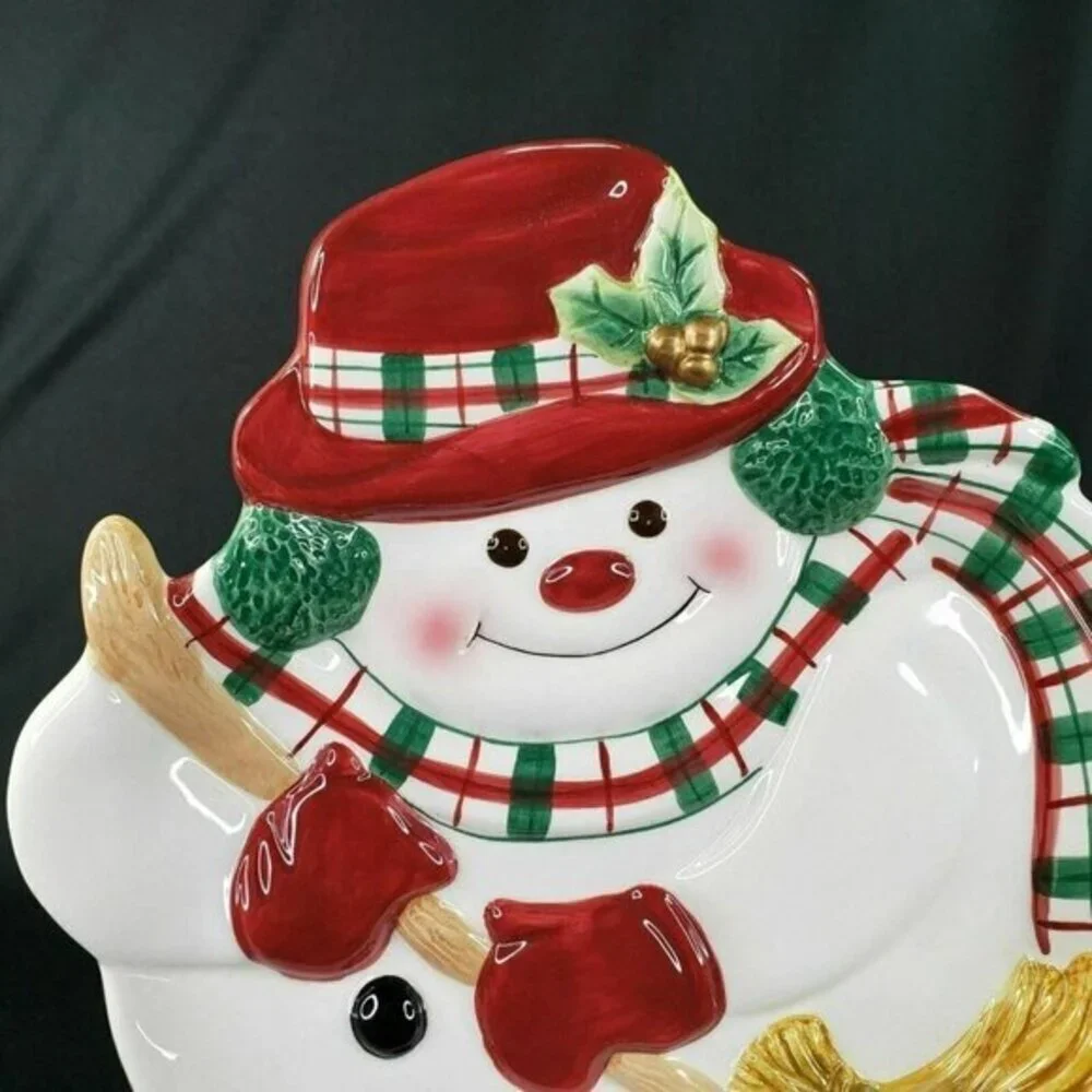 Fitz and‎ Floyd Plaid Christmas Snowman Candy Cookie Dish Canape Plate Embossed